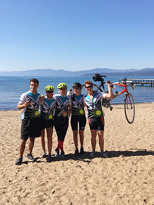 Sierra Nevada College Team Eagle at the 2017 Tour de Tahoe, riders on the beach