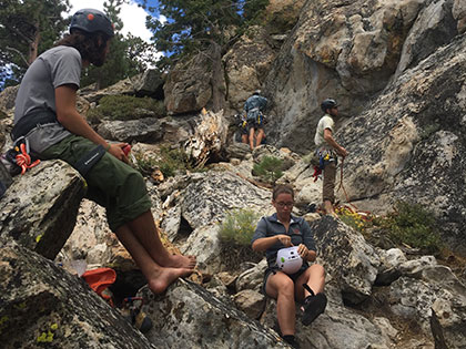 Outdoor Adventure Leadership - Sierra Nevada College students teach climbing techniques at Castle Peak.
