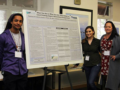 Students Ikela Lewis and Kaitlin Cabral present their research on perception to Professor Christina Frederick at the 2018 Sierra Nevada College Psychology Fair