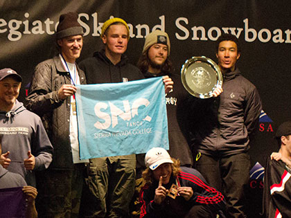 The mens snowboard team on the podium at the 2018 USCSA Nationals