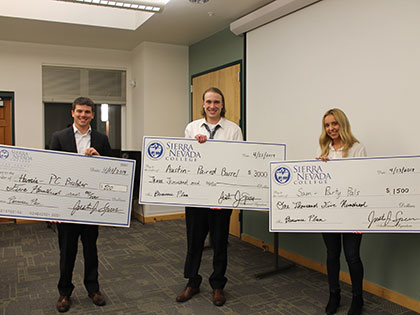 2019 Sierra Nevada College business plan President's Cup winners L-R Austin Thomas, Harris Bedford, Samantha Conaway