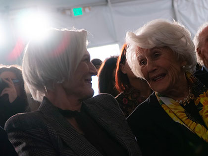 Speaker Maye Musk and donor Nancy Seibens Binz at the 2019 Sierra Nevada University Tahoe Forum.
