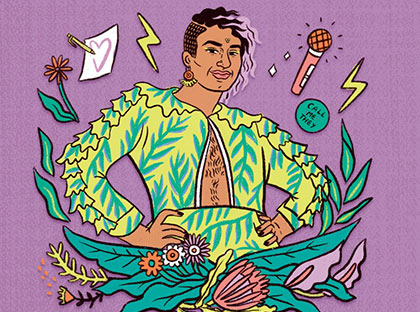 Brightly colored image from the cover of the book Beyond the Gender Binary by gender non-conforming writer and performance artist Alok Vaid-Menon