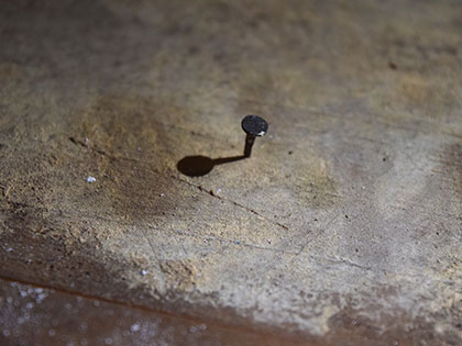 Image of a tack in weathered wood for the BFA exhibition Continual Adjustment, artist Anna Bunnell