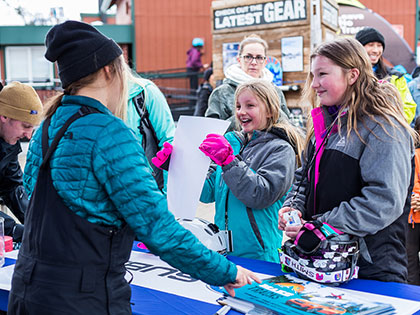 Olympic athlete and SNC Tahoe student Maddie Bowman talks with young aspiring athletes at Copper Mountain.