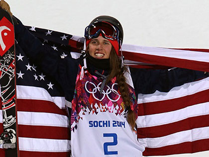 Olympic athlete and SNC Tahoe student Maddie Bowman celebrates victory at Sochi Winter Olympics in 2014.