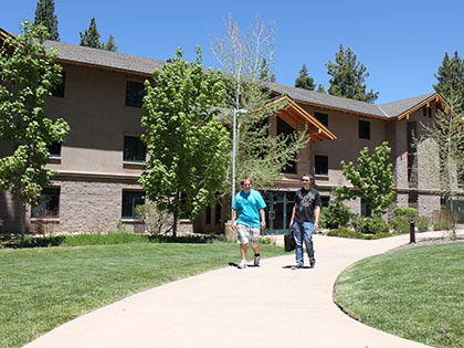 SNU Tahoe Students exit Prim-Schultz dorm hall, which offers students private bathrooms, lounges, and high-speed internet