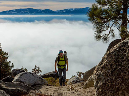 Digital Arts and Management major Nick Cahill takes hike near Lake Tahoe to get images for his publication company