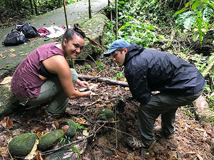 La Selva Biological Station Costa Rica, Sierra Nevada College sustainability students Mckenna Bean and Jake Castro researching soil chemistry