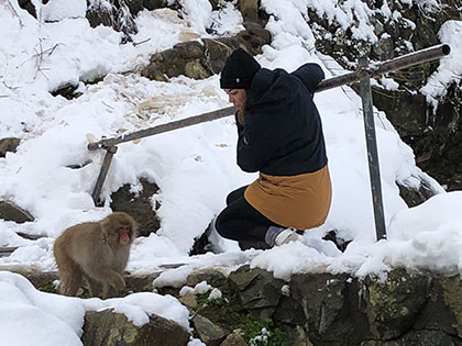 Sierra Nevada College art student Jenna Seabury with a snow monkey near Shiga Kogen Japan