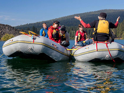 Butte Lake, Lassen NP - Professor Chuck Levitan and students analyze water samples aboard the SS Levitan