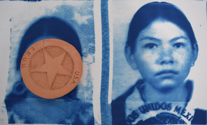 a monotone photographic image of an undocumented child in a work by Mexican-American artist Aida Lizalde