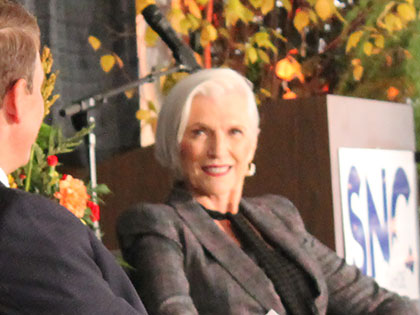 Entrepreneur model and nutritionist Maye Musk speaking at the Sierra Nevada College 2019 Siebens-Binz Tahoe Forum