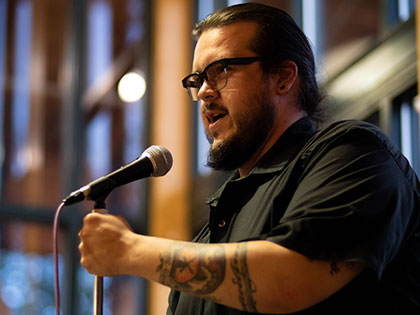 Griffin Peralta, winner of the the 2019 Tahoe Slam, held at Sierra Nevada College during National Poetry Month