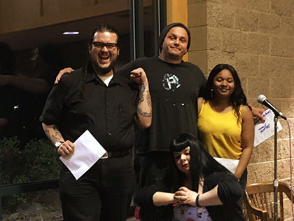 2019 Tahoe Slam winners Griffin Peralta, Pan Pantoja, SaMoura Horsley, and mistress of ceremonies Elisa Garcia