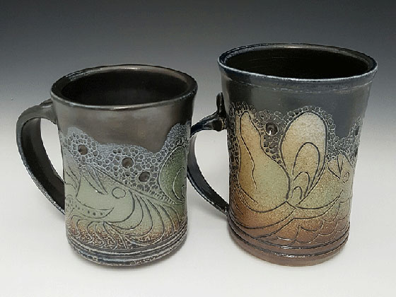 pair of sea life inspired mugs by ceramicist Rodney Brodnax