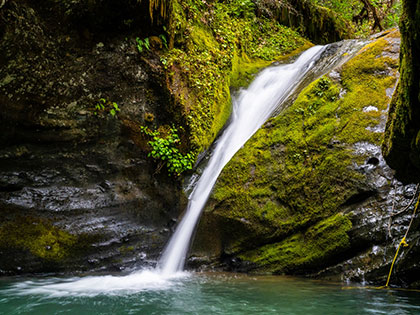 a tributary stream cascades down a mossy waterfall into the river - Sierra Nevada College environmental science and outdoor adventure leadership students in field courses on the Wild and Scenic Rogue River
