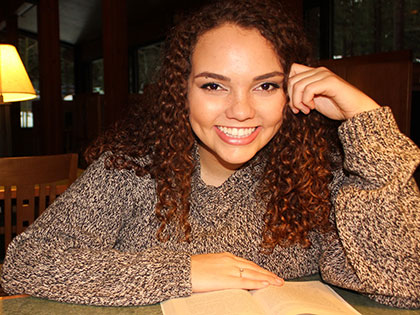 English major Nicole Ross takes a break from studying at Prim Library at SNC Tahoe