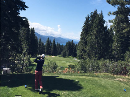English major Ryan Donoghue practices his swings at a golf course in the Lake Tahoe basin 