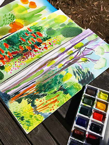 watercolor sketches by painter, dancer, and ceramic artist Sharon Virtue