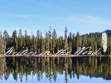 Pines reflected in the lake is the logo for the SNU Tahoe Writers in the Woods literary speaker series.