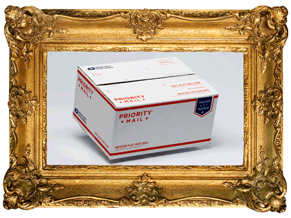 Flat Rate exhibition logo - flat rate mailing box in fancy gold frame
