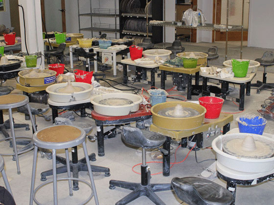 some of the ceramics wheels available for students to use in the Fine Arts department at Sierra Nevada University