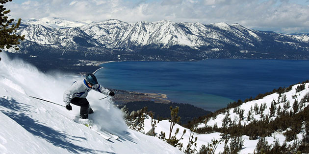 A skier on a steep slope at the Heavenly Valley ski area near Sierra Nevada University