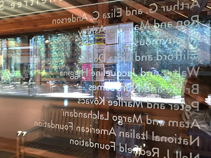 view through the donor recognition glass wall in Prim library