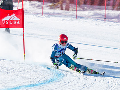 SNC skiier Saana Ahonen takes a deep turn at the 2019 USCSA Nationals