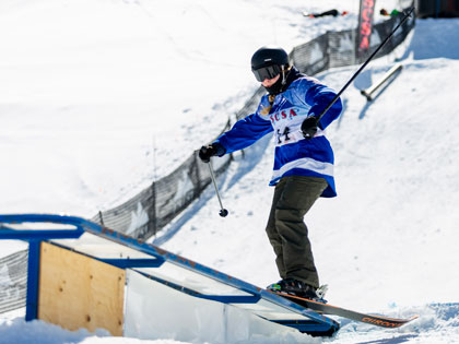 SNC Tahoe student Sarah Lingg makes herself comfortable in the terrain park during USCSA nationals
