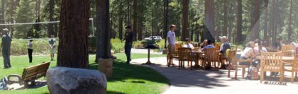 Students relax between classes outside Patterson Dining Hall at Sierra Nevada University