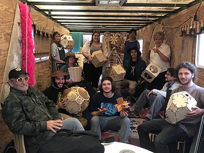 Sierra Nevada University summer art workshops 2018 - artist Gregg Fleishman with students and their pieces from his workshop 3D Geometry and Structure