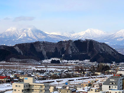 view of Yudanaka and the surrounding mountains in Japan